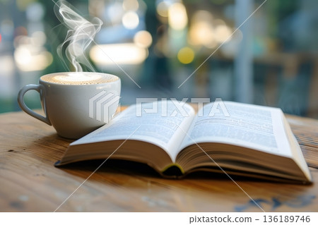 Relaxing reading time at a cafe with coffee and a book 136189746