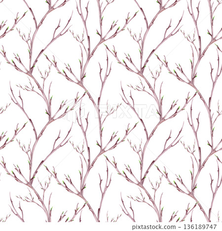 A seamless pattern with delicate branches on a blue background. Watercolor illustration for packaging design, fabric printing, interior design, greeting cards, holiday decor, and souvenirs. 136189747