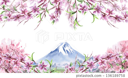 A rectangular frame with blooming peach branches and a mountain range in the background. Isolated watercolor illustration with a spring theme for greeting cards, product packaging, interior design. A rectangular frame with blooming peach branches and a mountain range in the background. Isolated watercolor illustration with a spring theme for greeting cards, product packaging, interior design. 136189758
