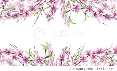 A rectangular frame with blooming peach branches. Isolated watercolor illustration with a spring theme for tableware, cards, product packaging, and interior design. A rectangular frame with blooming peach branches. Isolated watercolor illustration with a spring theme for tableware, cards, product packaging, and interior design. 136189759