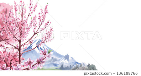 A rectangular frame with a blooming garden and mountains in the background. Isolated watercolor illustration with a spring theme for tableware, cards, product packaging, and interior design. A rectangular frame with a blooming garden and mountains in the background. Isolated watercolor illustration with a spring theme for tableware, cards, product packaging, and interior design. 136189766