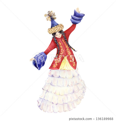 Woman in traditional kazakh festive dress dancing Woman in traditional kazakh festive dress dancing 136189988