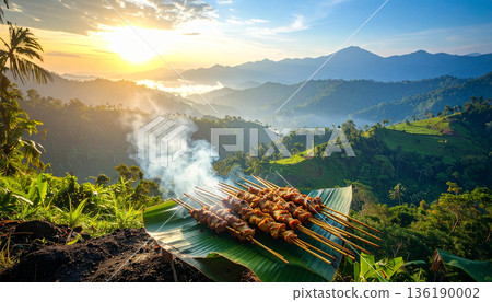 Hot Satay Skewers with Majestic Mountain Sunset Landscape Background 136190002