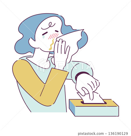 插圖描繪了一個流鼻涕、患有鼻炎、花粉症或感冒的人。 136190129