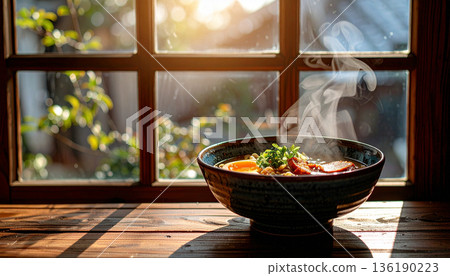 Steaming Hot Traditional Japanese Ramen Bowl on Wooden Table by the Window with Morning Sunlight 136190223