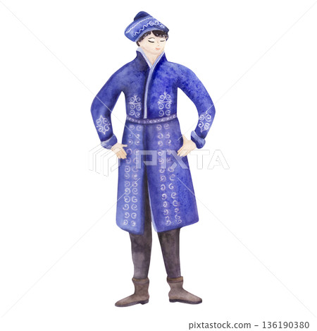 Watercolor Standing Man in Blue Traditional festive costume Coat Nowruz 136190380