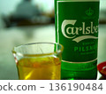 Asian beer bottles and glasses 136190484
