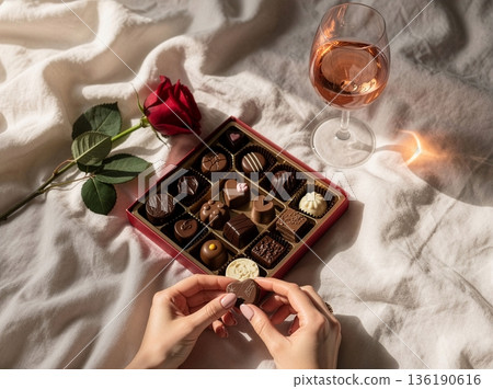 Woman Hand Choosing Chocolate in Bed with Rose 136190616