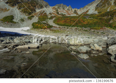 The Hotaka mountain range seen from Karasawa, amidst autumn foliage 136190676