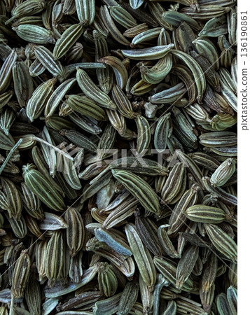 Fennel Seeds Macro Texture Background Aromatic Spice Close Up Food Ingredient 136190861