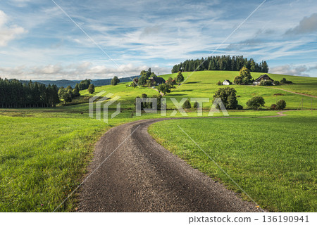 Rural landscape with farmhouses in the Black Forest, Breitnau, Baden-Wuerttemberg, Germany 136190941