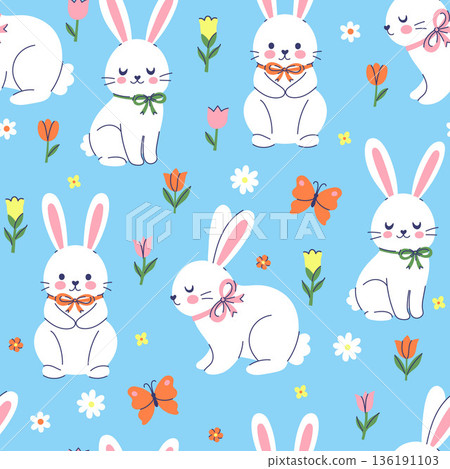 Seamless pattern with white rabbits with bows on their necks and flowers. Vector graphics. Seamless pattern with white rabbits with bows on their necks and flowers. Vector graphics. 136191103