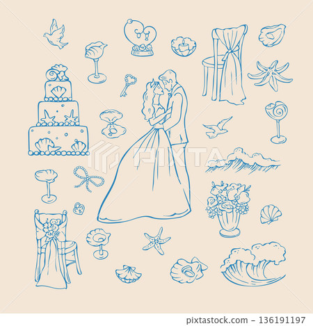 Charming collection of hand drawn sea wedding doodles Charming collection of hand drawn sea wedding doodles 136191197