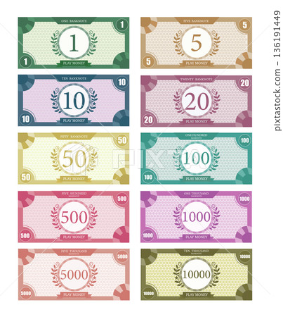 Money for game on a white background,Printable play money from 1 to 10000.banknotes design,Vector  illustrations. 136191449