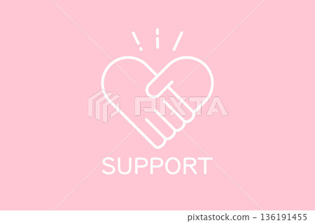 粉紅色背景上的心形圖標，圖案為兩人握手，並配有“支持”字樣。 136191455