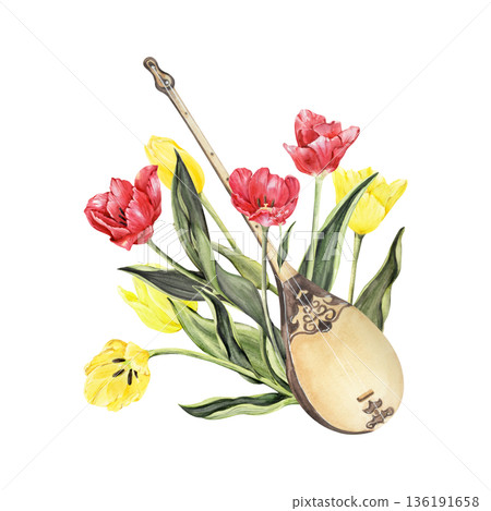 Traditional musical instrument dombra with spring tulips Traditional musical instrument dombra with spring tulips 136191658
