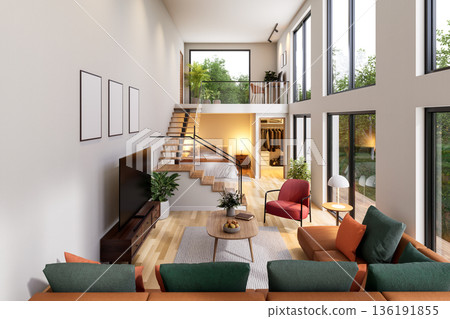 Modern two-level home interior with mezzanine design 3d render. 136191855