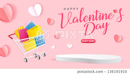 Valentine Day Sale Banner with Shopping Cart and Hearts 136191910