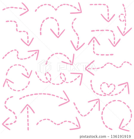 Illustration of a set of hand-drawn arrows with a single dashed line (pink) Illustration of a set of hand-drawn arrows with a single dashed line (pink) 136191919