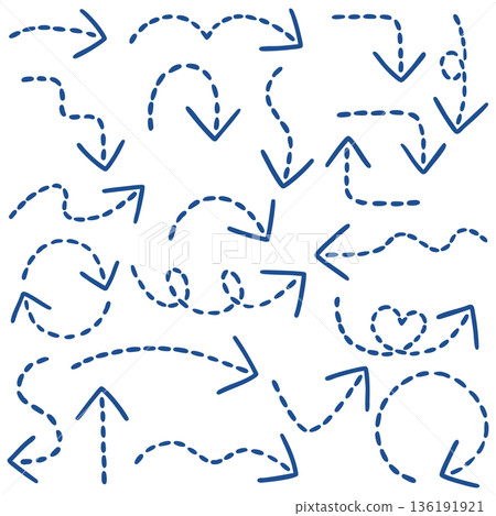 Illustration of a set of hand-drawn arrows with single dashed lines (dark blue) Illustration of a set of hand-drawn arrows with single dashed lines (dark blue) 136191921