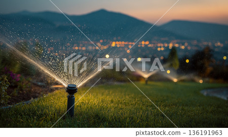 Automatic garden sprinkler watering green lawn at sunset with city lights in background 136191963