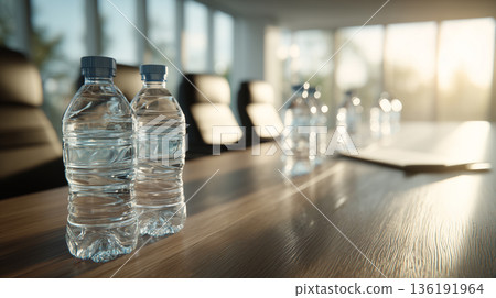 Bottled drinking water on conference table in modern office meeting room Bottled drinking water on conference table in modern office meeting room 136191964