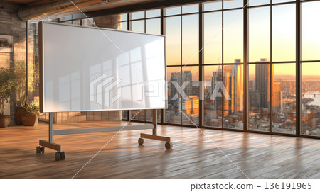 Blank presentation whiteboard in modern office with panoramic city skyline view 136191965