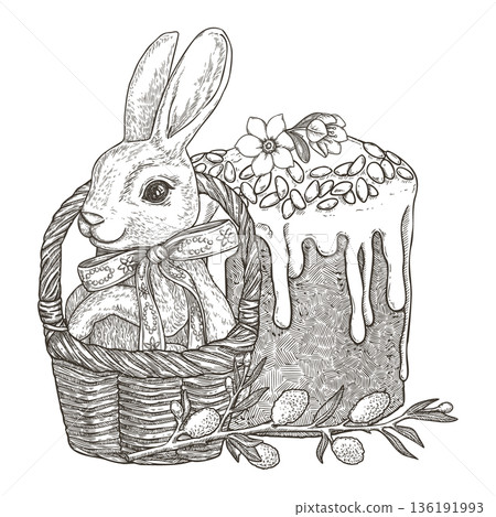 Cute bunny in flower basket with Easter cake vector illustration in vintage sketch style. Festive rabbit with lace bow and willow. Hand drawn outline art for holiday design and spring card template. Cute bunny in flower basket with Easter cake vector illustration in vintage sketch style. Festive rabbit with lace bow and willow. Hand drawn outline art for holiday design and spring card template. 136191993