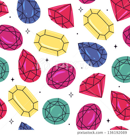 Seamless pattern with colorful gemstones of various shapes. Vector graphics. Seamless pattern with colorful gemstones of various shapes. Vector graphics. 136192089