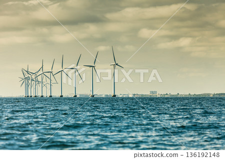 Wind turbines farm in Baltic Sea, Denmark 136192148