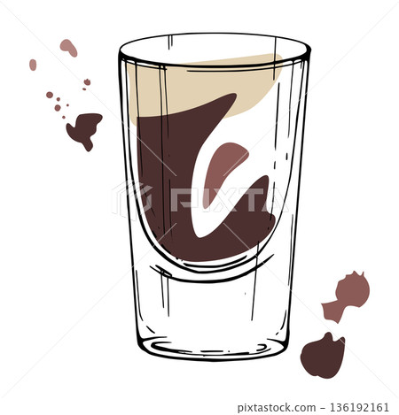 Mini stout-like liqueur shot, coffee drink, chocolate or dark beer with froth or cream top in elegant vector simplicity. Isolated vector art hand drawn in ink for food and drink graphics, cafe board. 136192161
