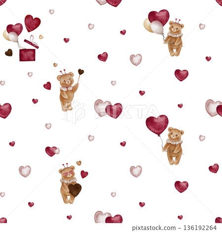 Seamless pattern with Watercolor Cute Teddy Bear Holding balloon and heart. Repeat ornament with Valentine Brown bear toy with vintage Jabot collar and gift. Illustration hand drawn on isolated. 136192264