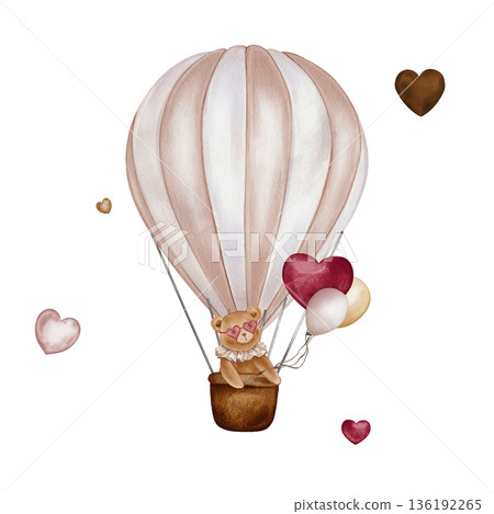 Watercolor pink Air Balloons with basket and bear. Hand drawn illustration for Children design in Cartoon style. Vintage Aircraft with hot air and hearts for icon or logo in pastel colors for kids. 136192265