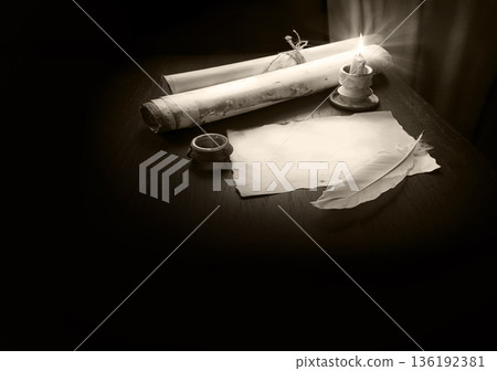 Paper and quill on the table Paper and quill on the table 136192381