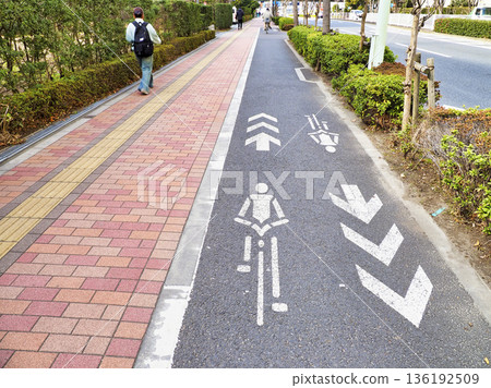 Sidewalks with separate lanes for bicycles and pedestrians Sidewalks with separate lanes for bicycles and pedestrians 136192509