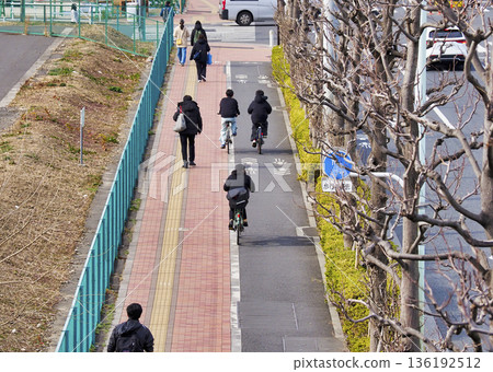Sidewalks with separate lanes for bicycles and pedestrians Sidewalks with separate lanes for bicycles and pedestrians 136192512