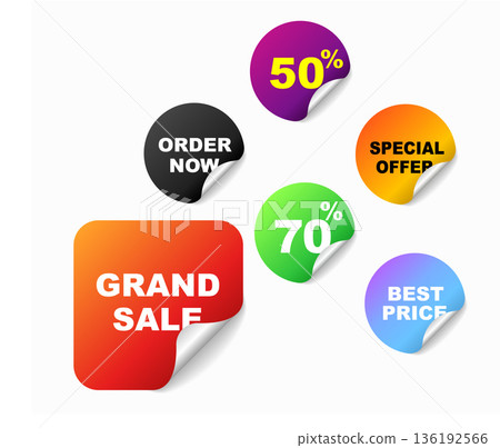 Vibrant peel-off sticker set with discount tags, ideal for commerce and promotions. Vector illustration. Vibrant peel-off sticker set with discount tags, ideal for commerce and promotions. Vector illustration. 136192566