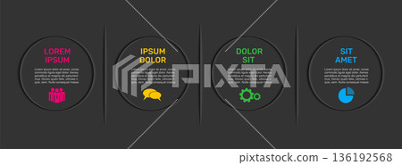 Infographic template with circular nodes, colorful icons, ideal for process flows, timelines, presentations. Vector illustration. Infographic template with circular nodes, colorful icons, ideal for process flows, timelines, presentations. Vector illustration. 136192568