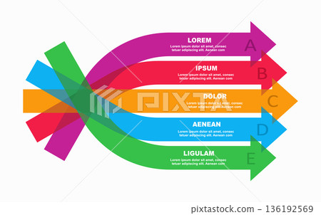 Modern multi-arrow infographic with overlapping ribbons, featuring placeholder text, clean vector design. Vector illustration. 136192569