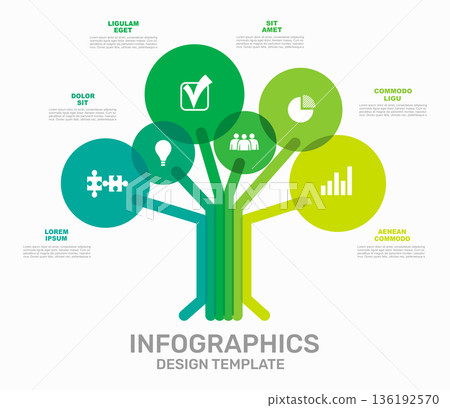 Tree-shaped infographic template with colorful branches and circular nodes containing icons. Vector illustration. Tree-shaped infographic template with colorful branches and circular nodes containing icons. Vector illustration. 136192570