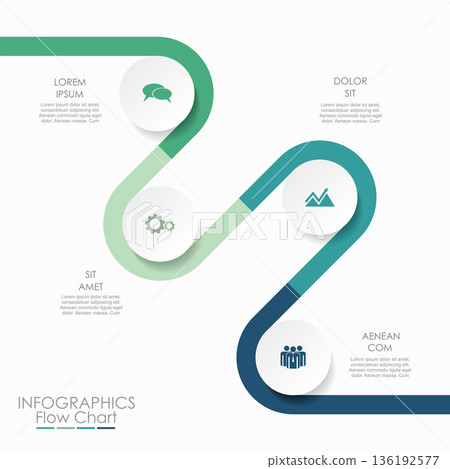Modern timeline infographic template with colorful segments, icons, and text, visualizing project stages. Vector illustration. 136192577
