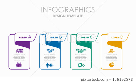 Colorful 4-step infographic with vertical labels, icons, and placeholder text, ideal for project timelines. Vector illustration. Colorful 4-step infographic with vertical labels, icons, and placeholder text, ideal for project timelines. Vector illustration. 136192578