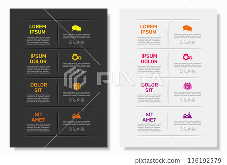 Infographic layouts with numbered steps, icons, text for business, planning, or presentation purposes. Vector illustration. Infographic layouts with numbered steps, icons, text for business, planning, or presentation purposes. Vector illustration. 136192579