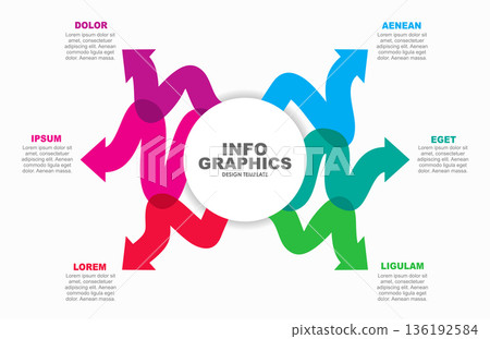 Dynamic radial infographic template with six colorful wavy arrows . Vector illustration. 136192584