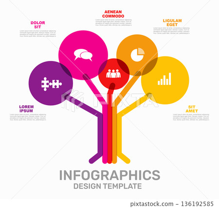 Tree-shaped infographic template with colorful branches and circular nodes containing icons. Vector illustration. Tree-shaped infographic template with colorful branches and circular nodes containing icons. Vector illustration. 136192585