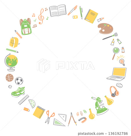 一個圓形邊框,上面繪有學校生活所需的文具和工具插圖 一個圓形邊框,上面繪有學校生活所需的文具和工具插圖 136192786