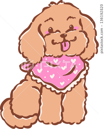 Adorable Happy Cavoodle Dog Wearing a Pink Bandana Tongue Out  Hand Drawn Cartoon Whimsical 136192820