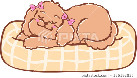 Adorable cozy home sleeping cavoodle dog on bed hand drawn girly cartoon Whimsical 136192835