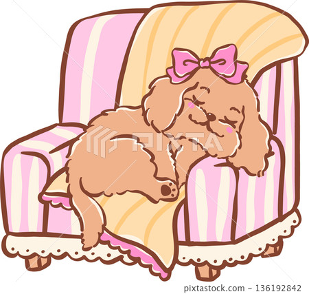 Adorable cozy home sleeping cavoodle dog on pink couch armchair with blanket hand drawn girly cartoon Whimsical Adorable cozy home sleeping cavoodle dog on pink couch armchair with blanket hand drawn girly cartoon Whimsical 136192842
