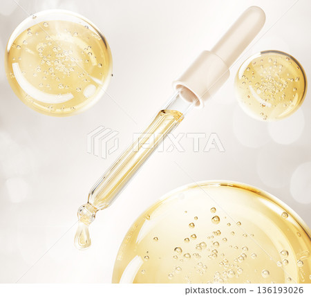 3d dropper with golden serum drop and floating oil bubbles on pastel background. Render glass pipette with gold liquid cosmetic skincare product, essential droplets for beauty care. 3D illustration 3d dropper with golden serum drop and floating oil bubbles on pastel background. Render glass pipette with gold liquid cosmetic skincare product, essential droplets for beauty care. 3D illustration 136193026